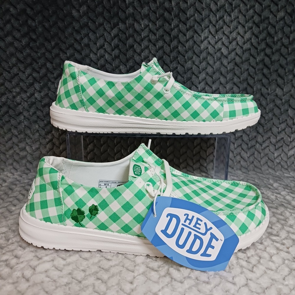 Hey Dude Wendy Shamrock Gingham Green White Women's Casual Slip-on Shoes Size 10 - Picture 1 of 12